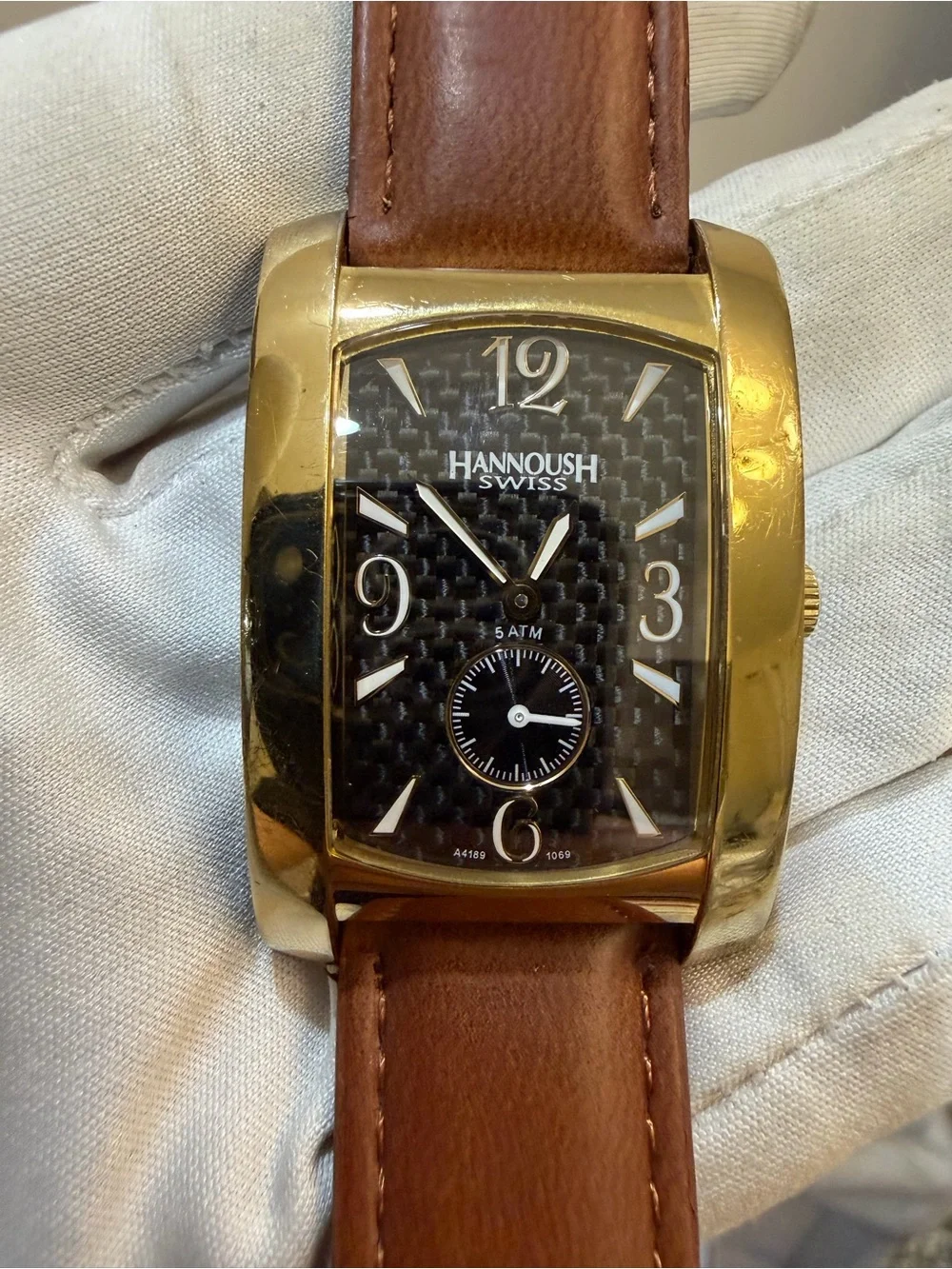 Hannoush Swiss Men's Tank Watch Carbon Fiber Dial Gold Tone Quartz 1069 5ATM
